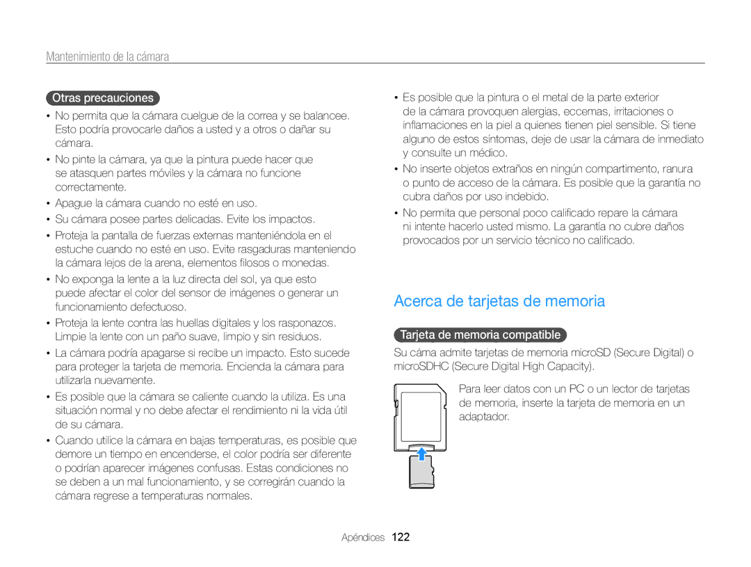 Samsung EC-MV800ZBPRE1, EC-MV800ZBPBE1 Acerca de tarjetas de memoria, Otras precauciones , Tarjeta de memoria compatible  