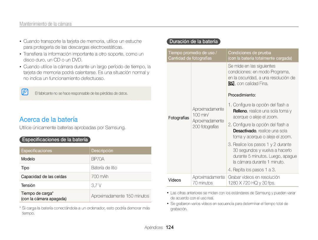 Samsung EC-MV800ZBPWE1, EC-MV800ZBPRE1 manual Acerca de la batería, Especificaciones de la batería , Duración de la batería  