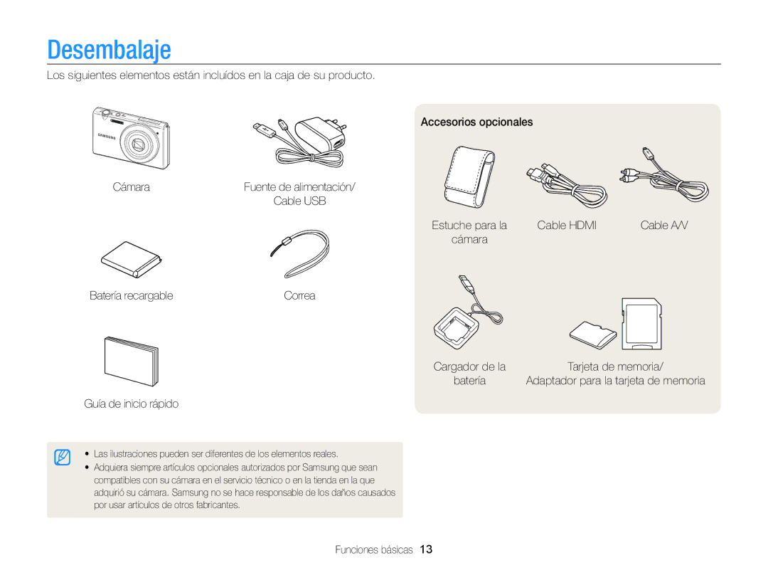 Samsung EC-MV800ZBPWE1 manual Desembalaje, Cable Hdmi, Batería recargable, Guía de inicio rápido, Funciones básicas 