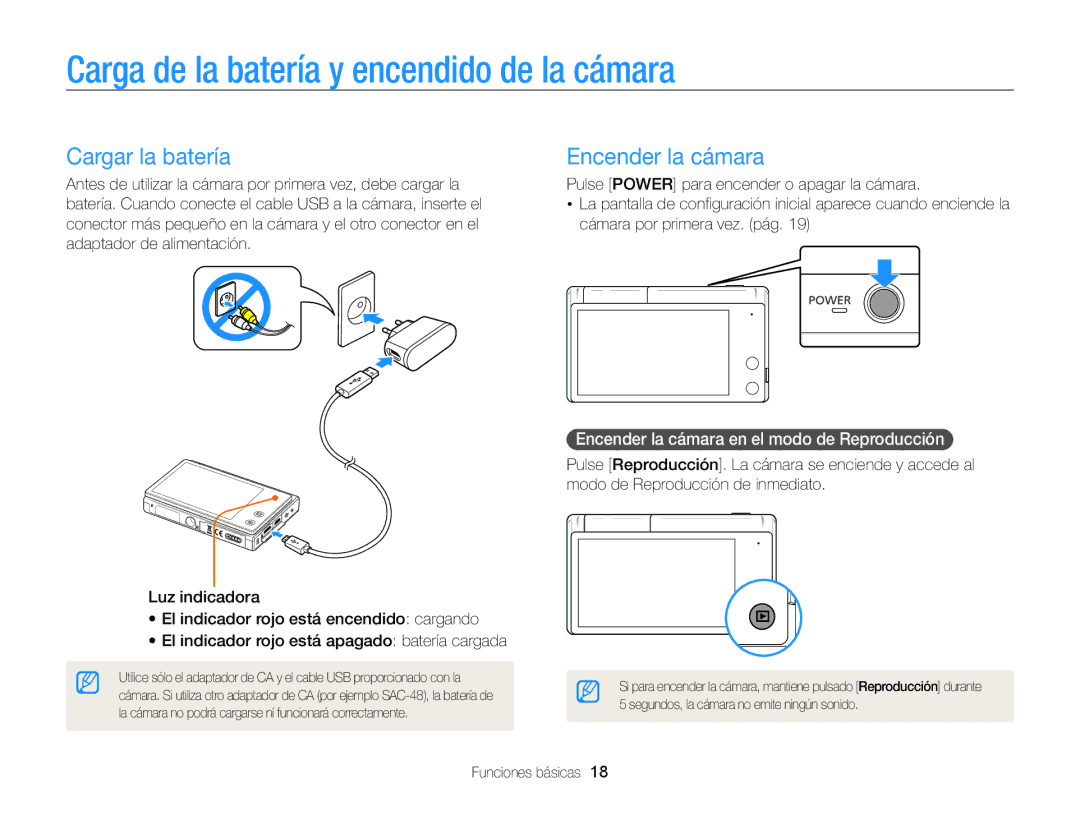 Samsung EC-MV800ZBPBE1, EC-MV800ZBPRE1 Carga de la batería y encendido de la cámara, Cargar la batería, Encender la cámara 