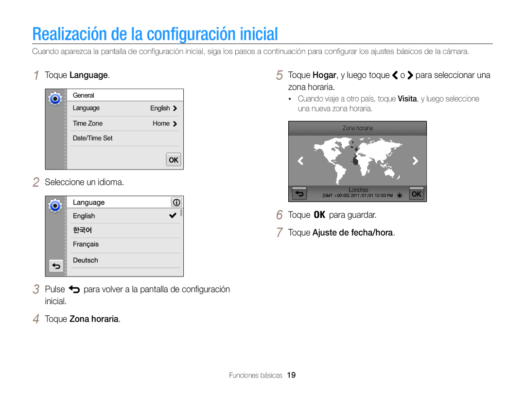 Samsung EC-MV800ZBPWE1, EC-MV800ZBPRE1 manual Realización de la configuración inicial, Toque Language, Toque Para guardar 