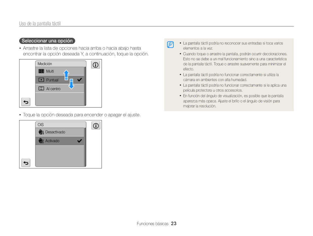 Samsung EC-MV800ZBPRE1, EC-MV800ZBPBE1, EC-MV800ZBPWE1 manual Uso de la pantalla táctil, Seleccionar una opción  