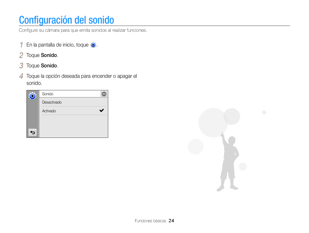 Samsung EC-MV800ZBPBE1, EC-MV800ZBPRE1 manual Configuración del sonido, En la pantalla de inicio, toque, Toque Sonido 