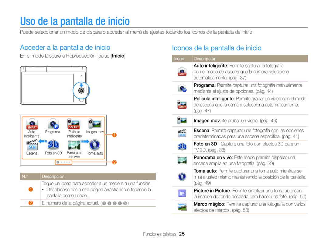 Samsung EC-MV800ZBPWE1, EC-MV800ZBPRE1, EC-MV800ZBPBE1 manual Uso de la pantalla de inicio, Acceder a la pantalla de inicio 