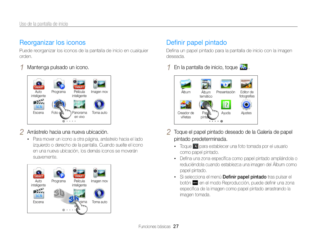 Samsung EC-MV800ZBPBE1, EC-MV800ZBPRE1 manual Reorganizar los iconos, Definir papel pintado, Mantenga pulsado un icono 