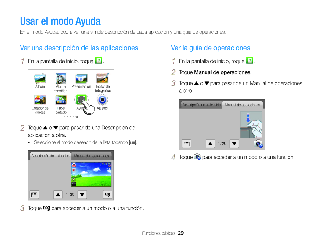 Samsung EC-MV800ZBPRE1 manual Usar el modo Ayuda, Ver una descripción de las aplicaciones, Ver la guía de operaciones 