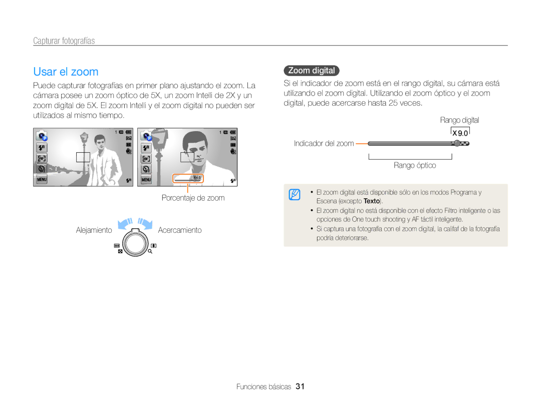 Samsung EC-MV800ZBPWE1, EC-MV800ZBPRE1, EC-MV800ZBPBE1 manual Usar el zoom, Capturar fotografías, Zoom digital  