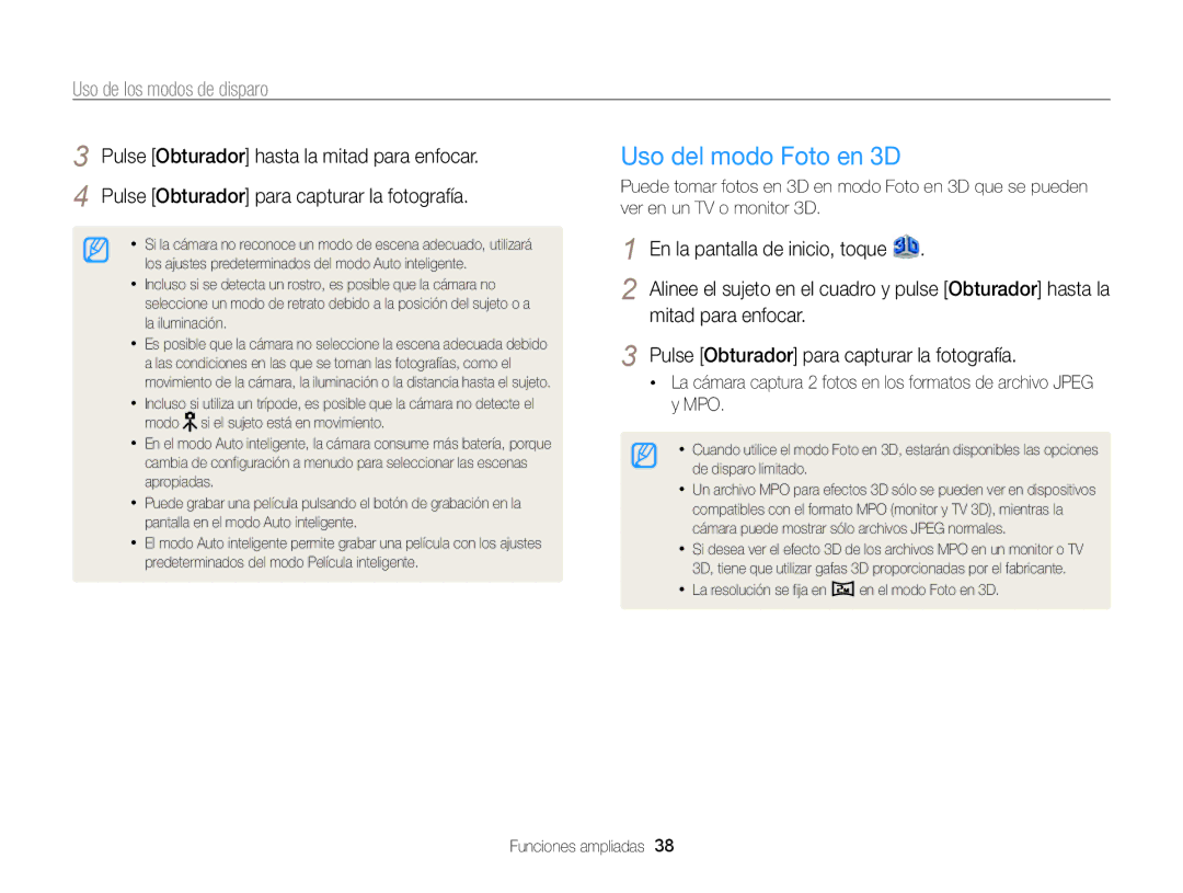 Samsung EC-MV800ZBPRE1, EC-MV800ZBPBE1, EC-MV800ZBPWE1 manual Uso del modo Foto en 3D, Uso de los modos de disparo 