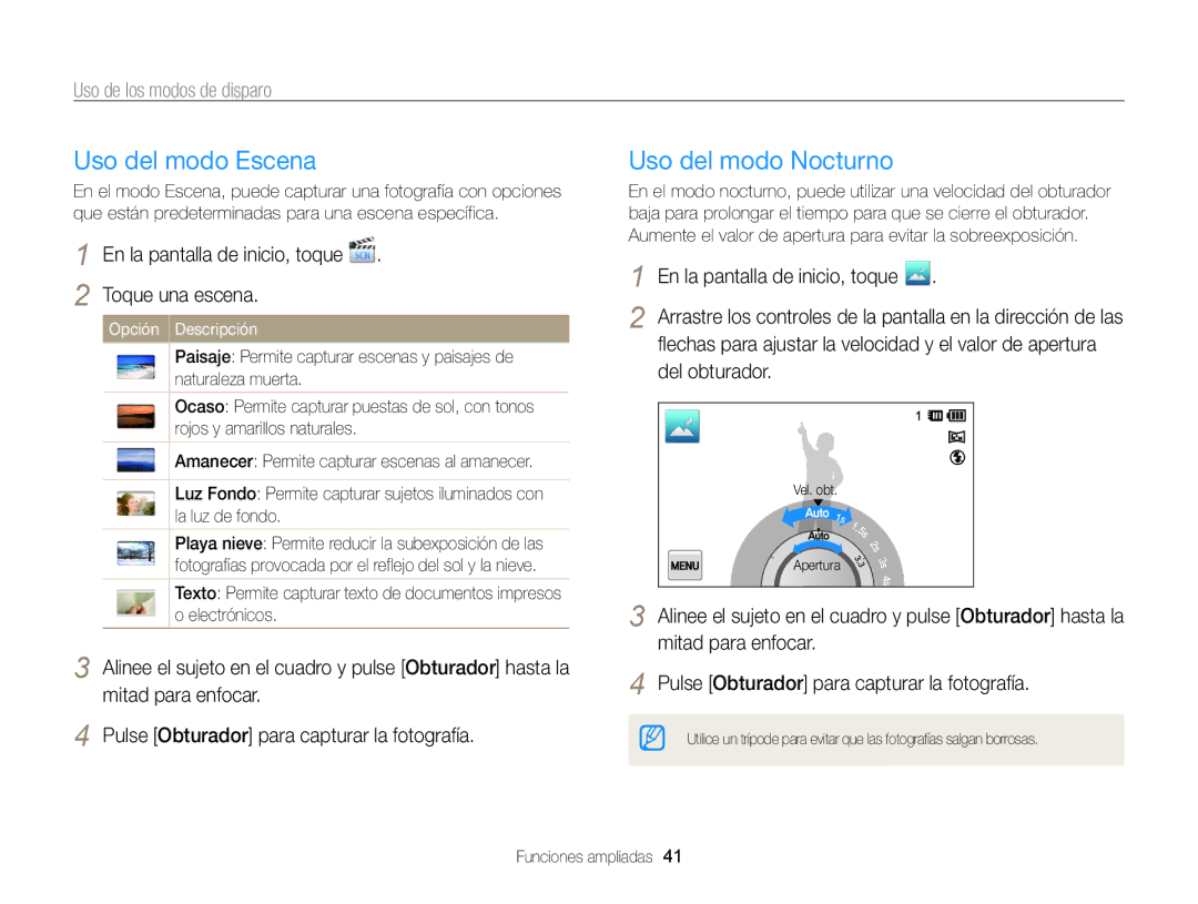 Samsung EC-MV800ZBPRE1 Uso del modo Escena, Uso del modo Nocturno, Toque una escena, Del obturador, Opción Descripción 