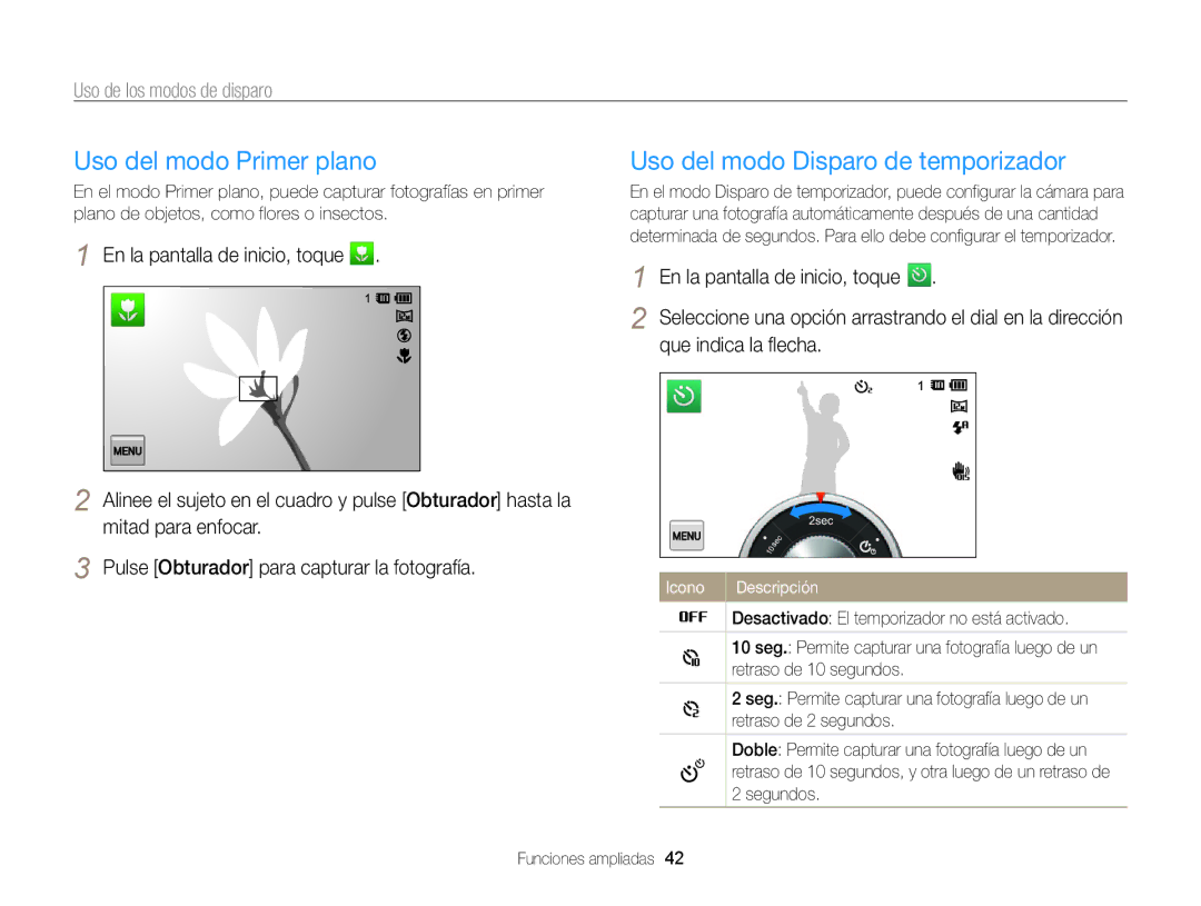 Samsung EC-MV800ZBPBE1, EC-MV800ZBPRE1, EC-MV800ZBPWE1 manual Uso del modo Primer plano, Uso del modo Disparo de temporizador 