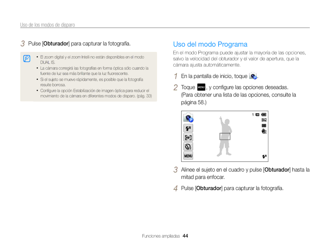 Samsung EC-MV800ZBPRE1, EC-MV800ZBPBE1, EC-MV800ZBPWE1 manual Uso del modo Programa, Toque, Configure las opciones deseadas 