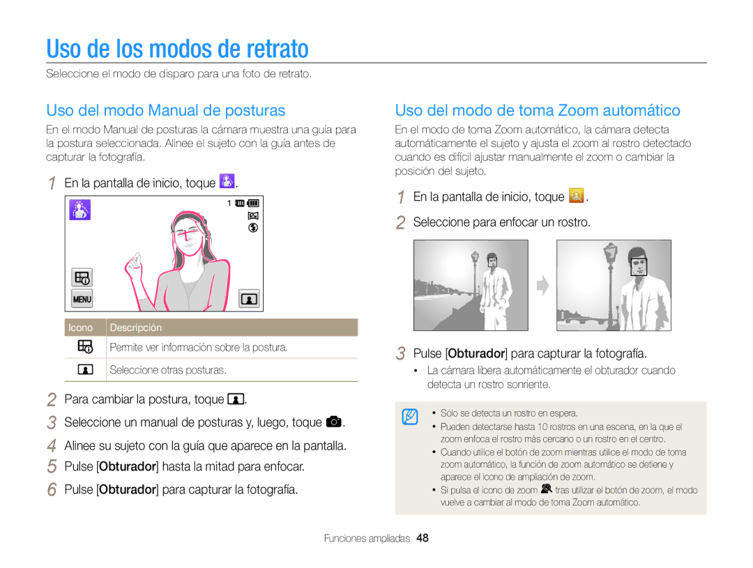 Samsung EC-MV800ZBPBE1 Uso de los modos de retrato, Uso del modo Manual de posturas, Uso del modo de toma Zoom automático 