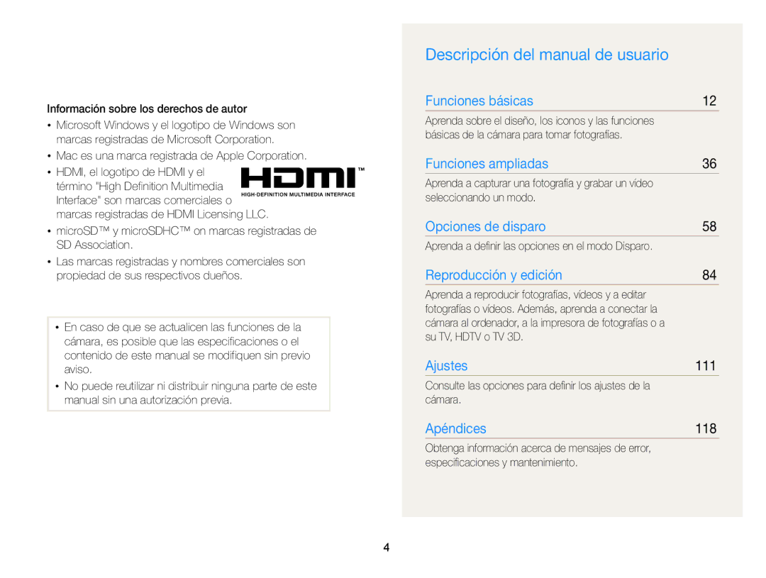 Samsung EC-MV800ZBPWE1, EC-MV800ZBPRE1, EC-MV800ZBPBE1 Descripción del manual de usuario, 111, 118 