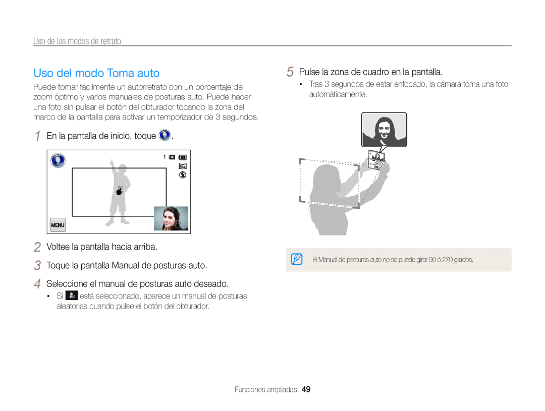Samsung EC-MV800ZBPWE1 manual Uso del modo Toma auto, Uso de los modos de retrato, Pulse la zona de cuadro en la pantalla 