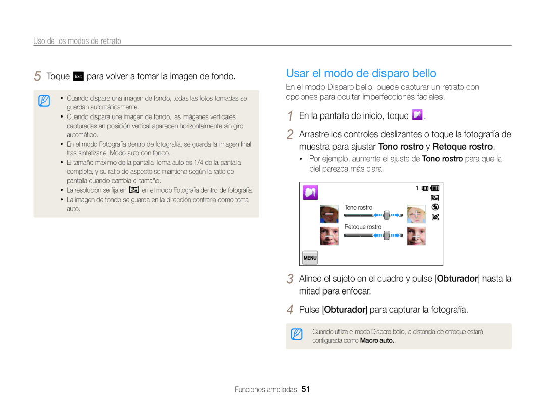 Samsung EC-MV800ZBPBE1, EC-MV800ZBPRE1 manual Usar el modo de disparo bello, Toque para volver a tomar la imagen de fondo 