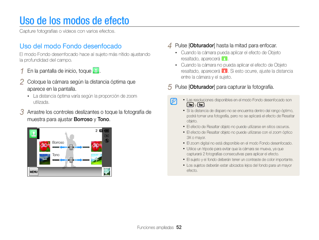 Samsung EC-MV800ZBPWE1, EC-MV800ZBPRE1 Uso de los modos de efecto, Uso del modo Fondo desenfocado, Aparece en la pantalla 