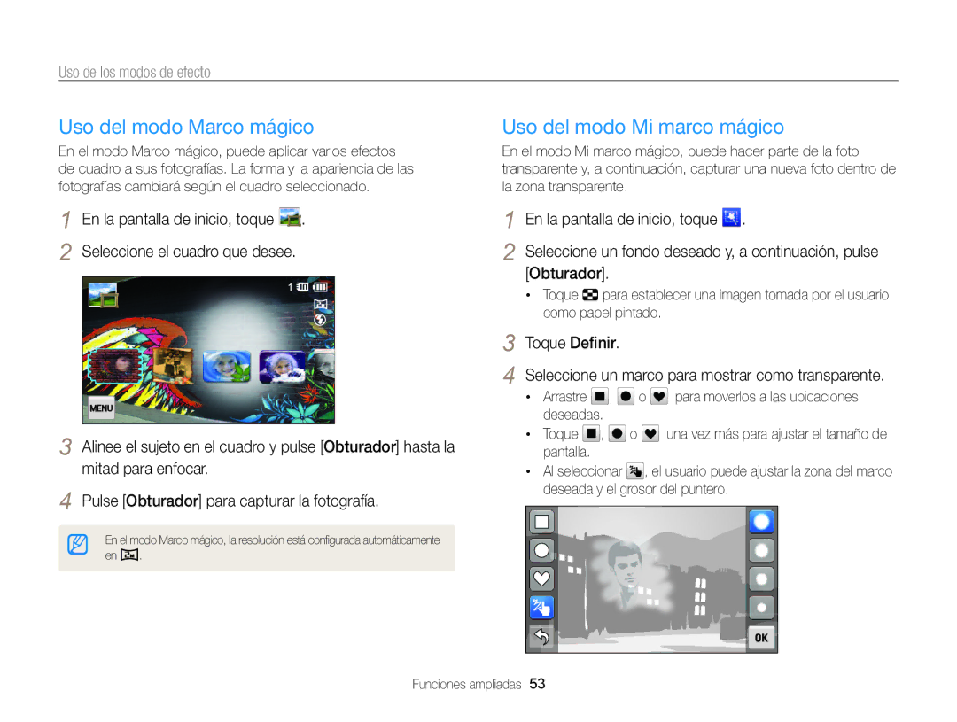 Samsung EC-MV800ZBPRE1, EC-MV800ZBPBE1 Uso del modo Marco mágico, Uso del modo Mi marco mágico, Uso de los modos de efecto 