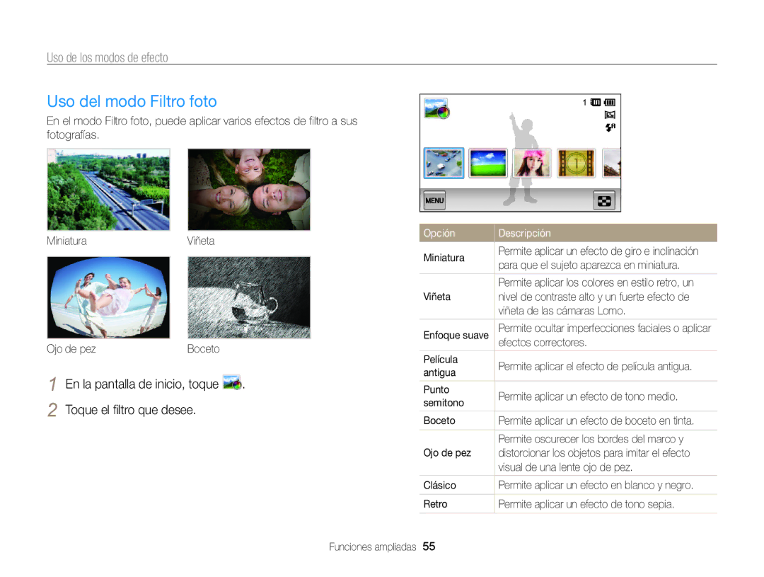 Samsung EC-MV800ZBPWE1, EC-MV800ZBPRE1, EC-MV800ZBPBE1 manual Uso del modo Filtro foto, Toque el filtro que desee 