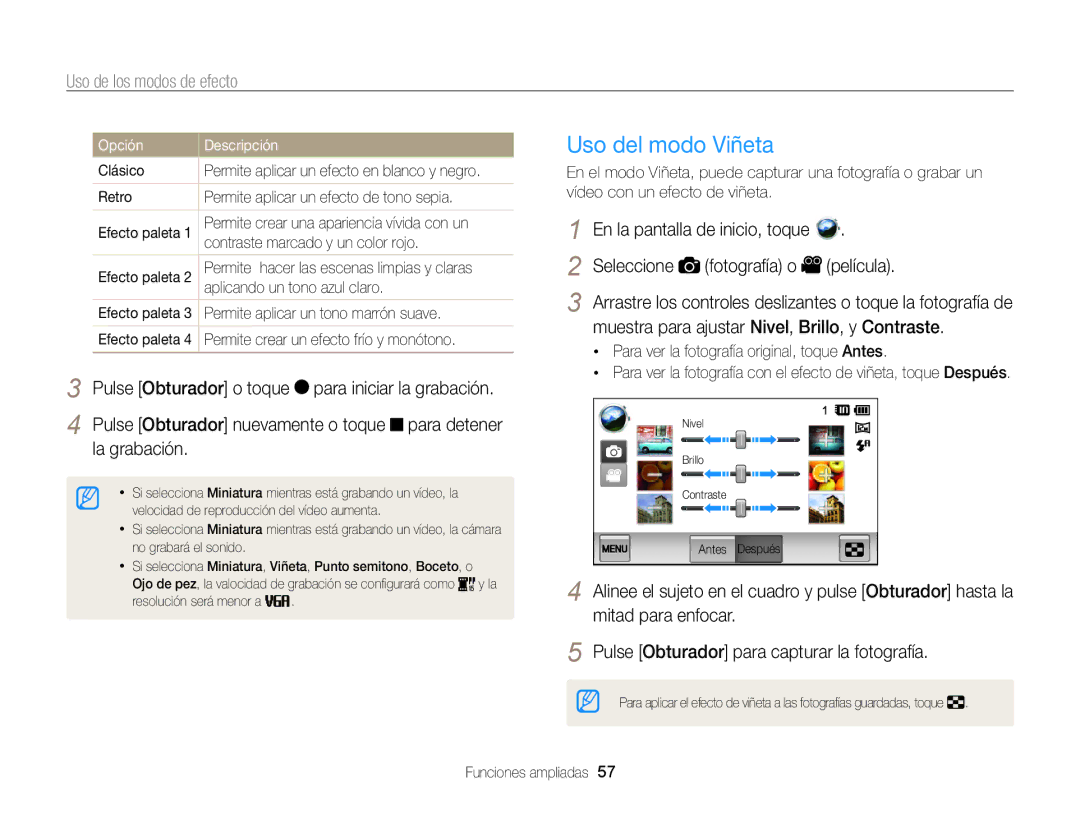 Samsung EC-MV800ZBPBE1, EC-MV800ZBPRE1, EC-MV800ZBPWE1 Uso del modo Viñeta, Retro Permite aplicar un efecto de tono sepia 