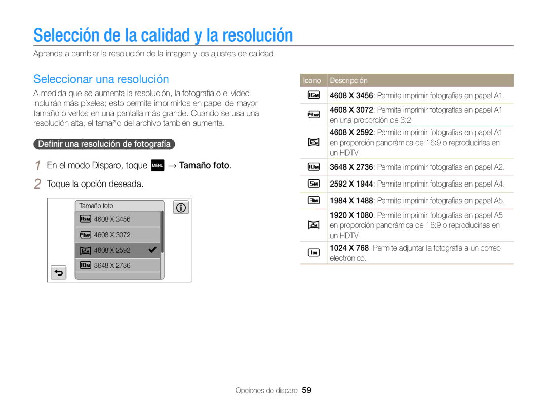 Samsung EC-MV800ZBPRE1 Selección de la calidad y la resolución, Seleccionar una resolución, En el modo Disparo, toque 