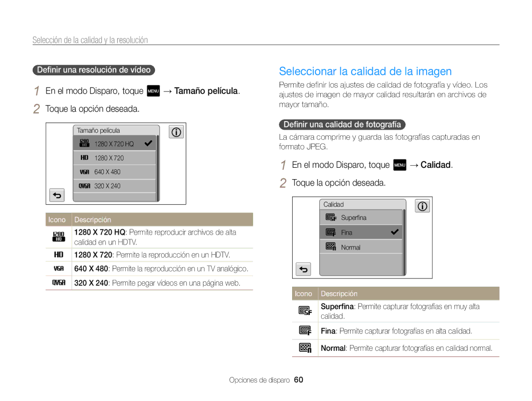 Samsung EC-MV800ZBPBE1, EC-MV800ZBPRE1 manual Seleccionar la calidad de la imagen, Selección de la calidad y la resolución 