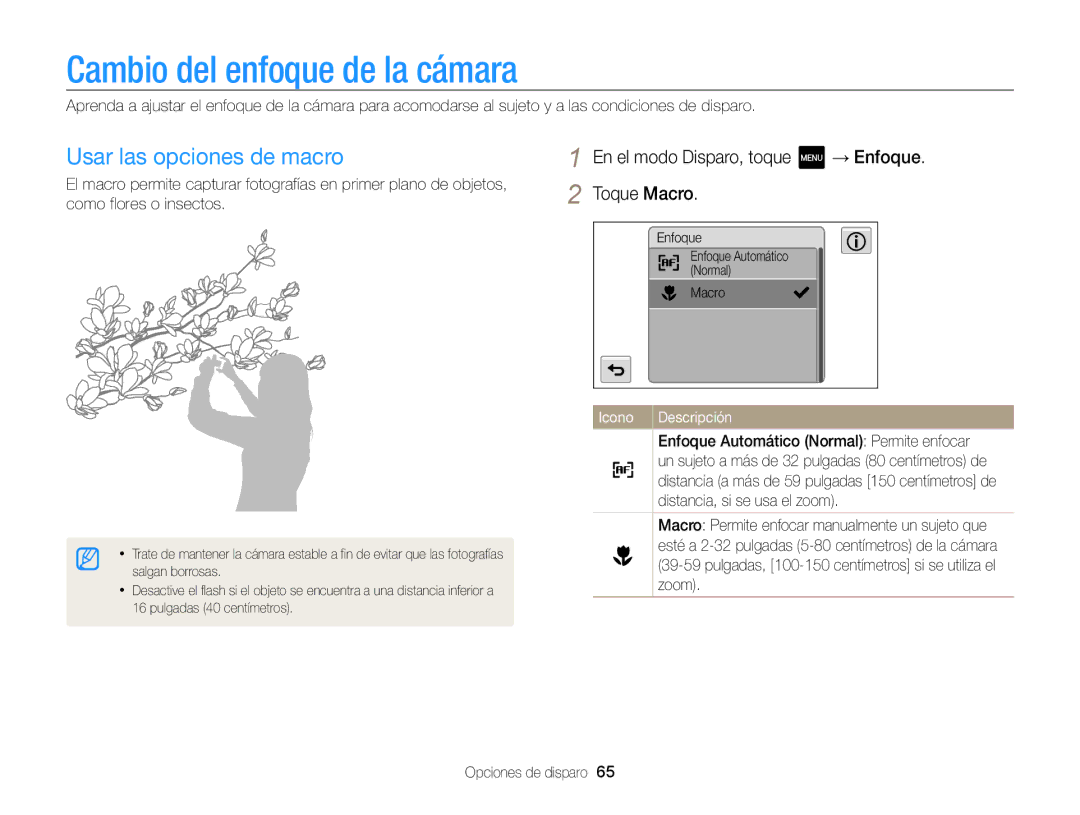 Samsung EC-MV800ZBPRE1, EC-MV800ZBPBE1, EC-MV800ZBPWE1 manual Cambio del enfoque de la cámara, Usar las opciones de macro 