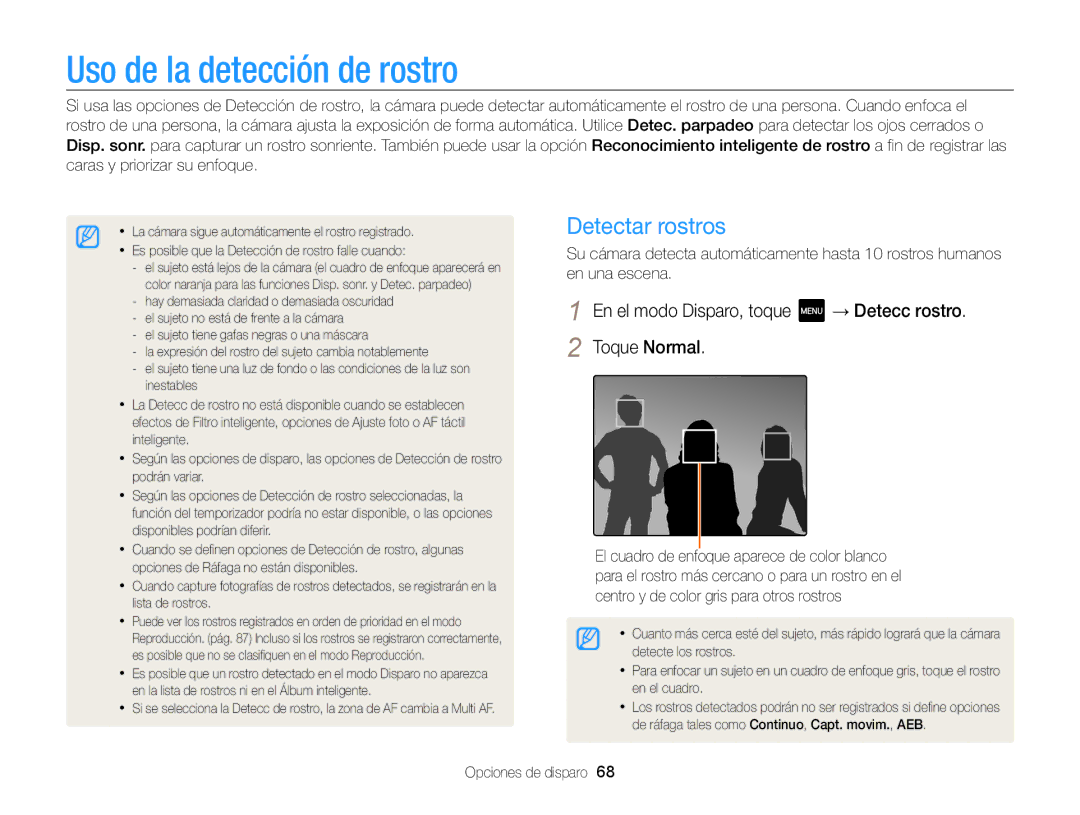 Samsung EC-MV800ZBPRE1, EC-MV800ZBPBE1, EC-MV800ZBPWE1 manual Uso de la detección de rostro, Detectar rostros 