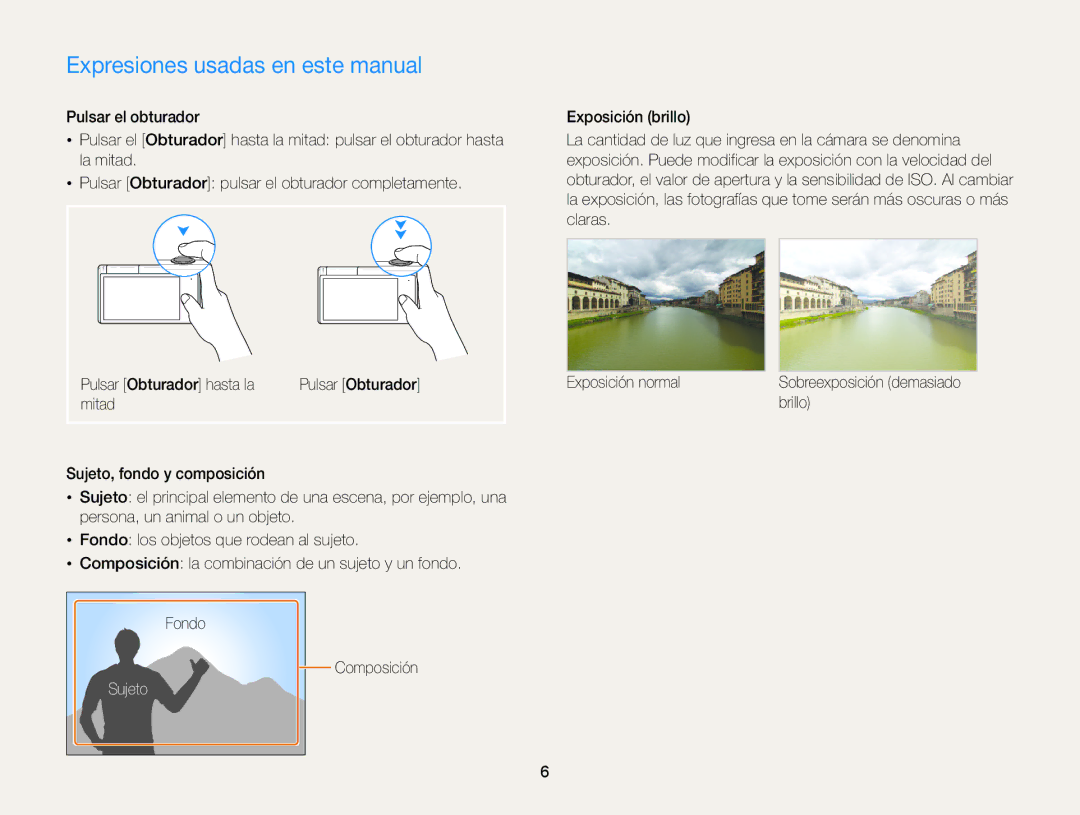 Samsung EC-MV800ZBPBE1, EC-MV800ZBPRE1, EC-MV800ZBPWE1 Expresiones usadas en este manual, Sujeto, Brillo 