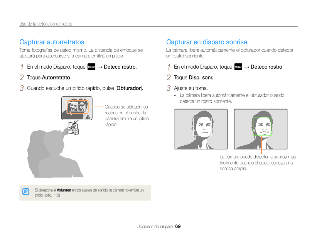 Samsung EC-MV800ZBPBE1, EC-MV800ZBPRE1 Capturar autorretratos, Capturar en disparo sonrisa, Uso de la detección de rostro 