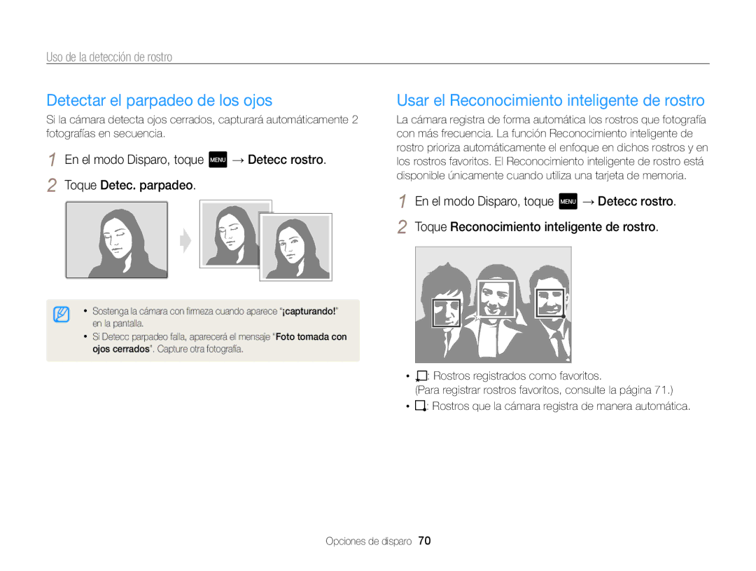 Samsung EC-MV800ZBPWE1, EC-MV800ZBPRE1 manual Detectar el parpadeo de los ojos, Usar el Reconocimiento inteligente de rostro 