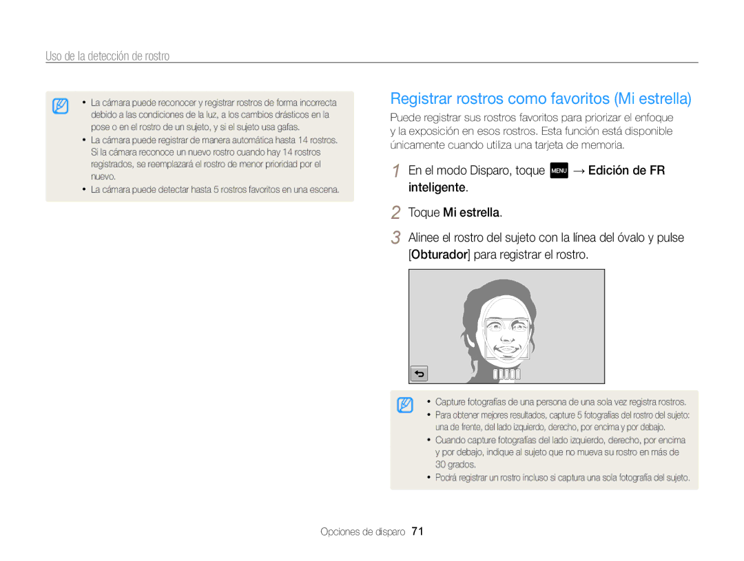 Samsung EC-MV800ZBPRE1, EC-MV800ZBPBE1, EC-MV800ZBPWE1 manual Registrar rostros como favoritos Mi estrella 