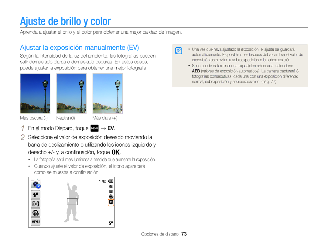 Samsung EC-MV800ZBPWE1, EC-MV800ZBPRE1, EC-MV800ZBPBE1 Ajuste de brillo y color, Ajustar la exposición manualmente EV, → Ev 