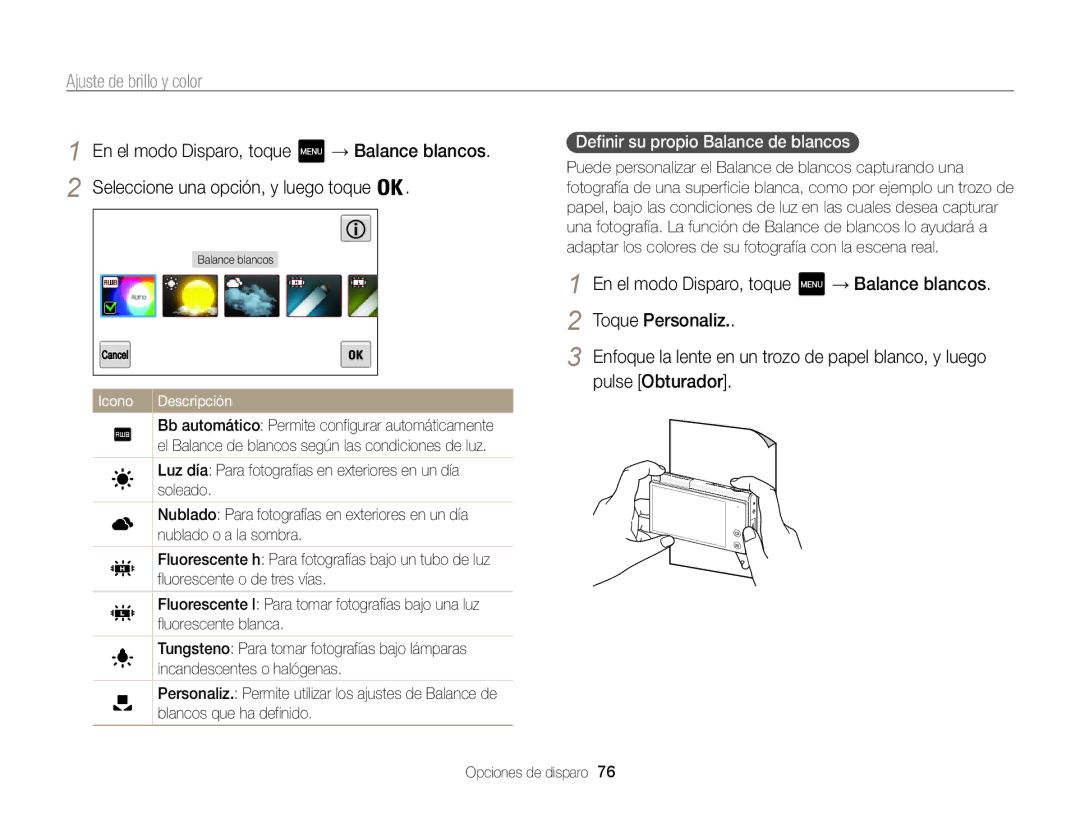 Samsung EC-MV800ZBPWE1, EC-MV800ZBPRE1 manual Toque Personaliz, Pulse Obturador, Definir su propio Balance de blancos  