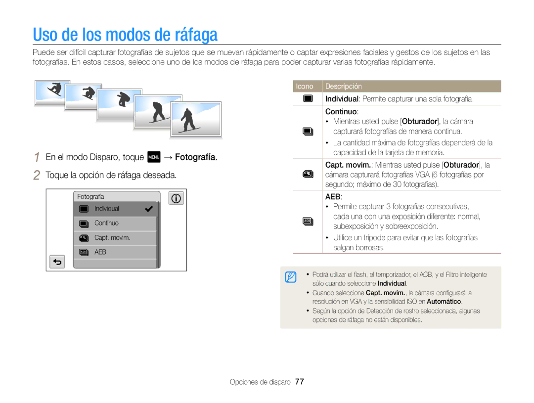 Samsung EC-MV800ZBPRE1, EC-MV800ZBPBE1, EC-MV800ZBPWE1 manual Uso de los modos de ráfaga, Aeb 