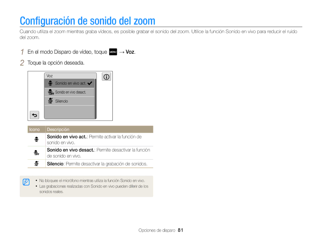 Samsung EC-MV800ZBPBE1, EC-MV800ZBPRE1, EC-MV800ZBPWE1 Configuración de sonido del zoom, Sonido en vivo, De sonido en vivo 