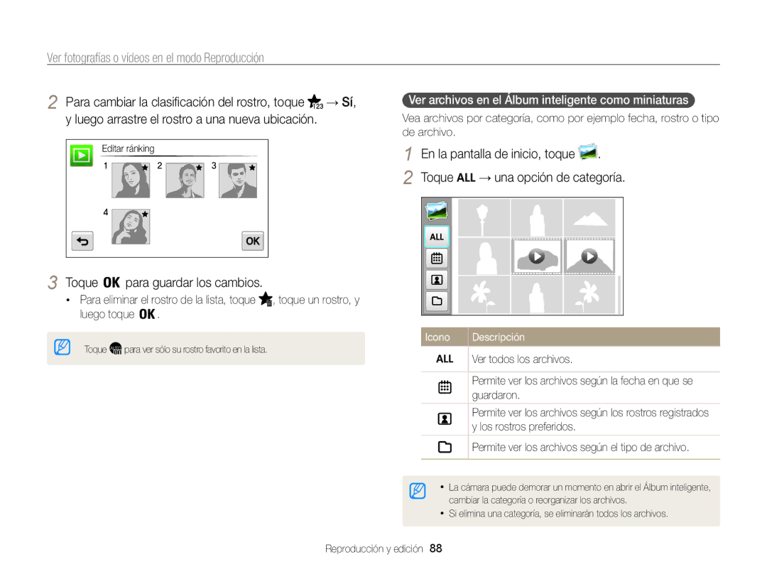 Samsung EC-MV800ZBPWE1 manual Toque para guardar los cambios, Ver archivos en el Álbum inteligente como miniaturas  