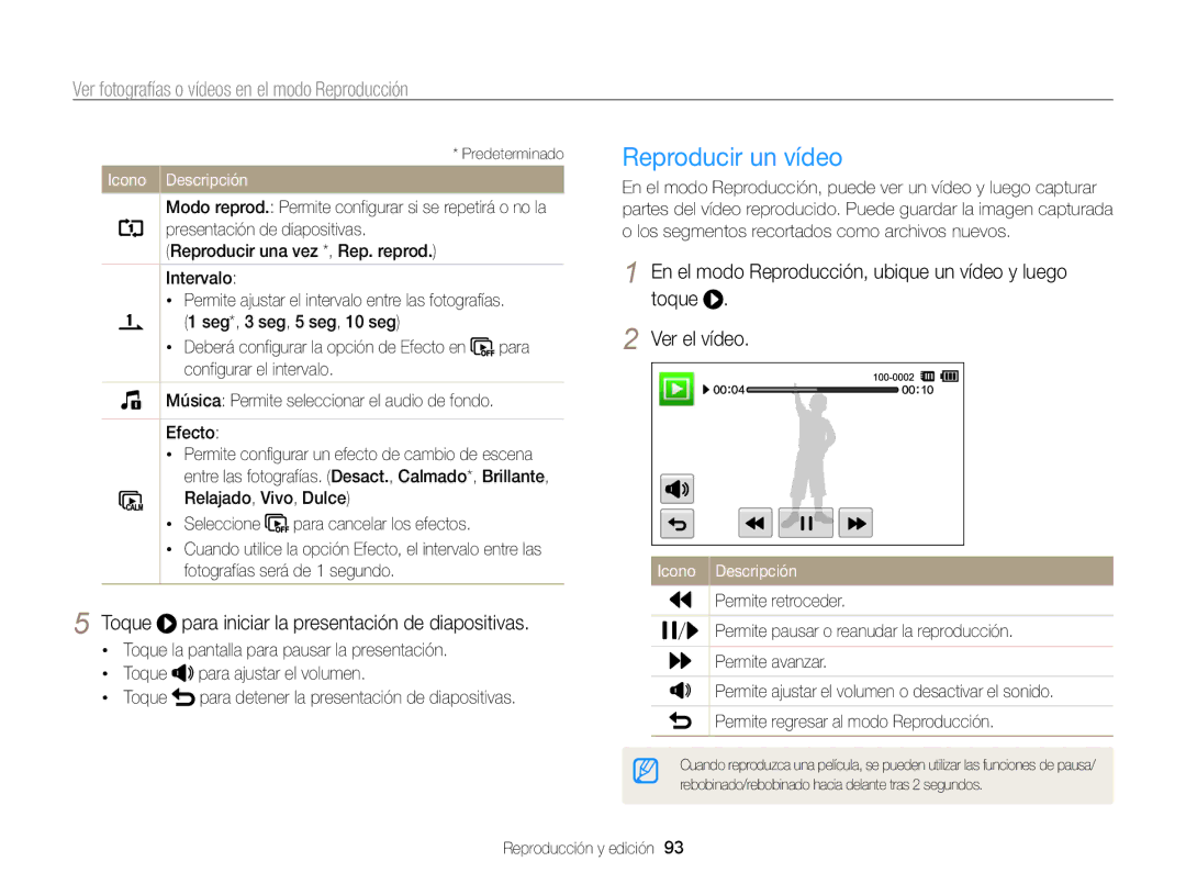 Samsung EC-MV800ZBPBE1 manual Reproducir un vídeo, Para iniciar la presentación de diapositivas, Permite retroceder 