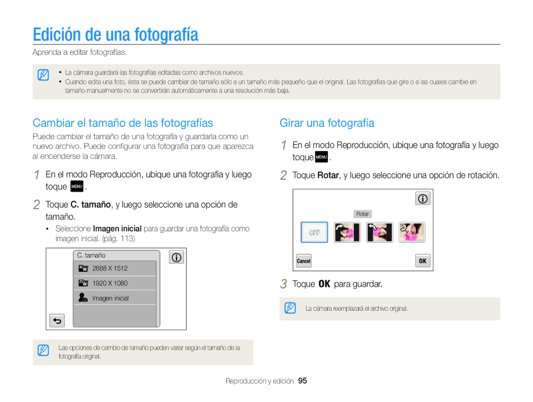 Samsung EC-MV800ZBPRE1 manual Edición de una fotografía, Cambiar el tamaño de las fotografías, Girar una fotografía 