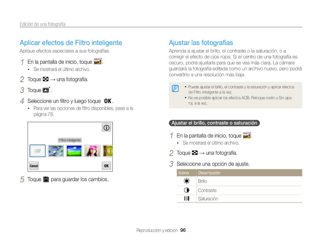 Samsung EC-MV800ZBPBE1 manual Edición de una fotografía, Toque → una fotografía, Ajustar el brillo, contraste o saturación  