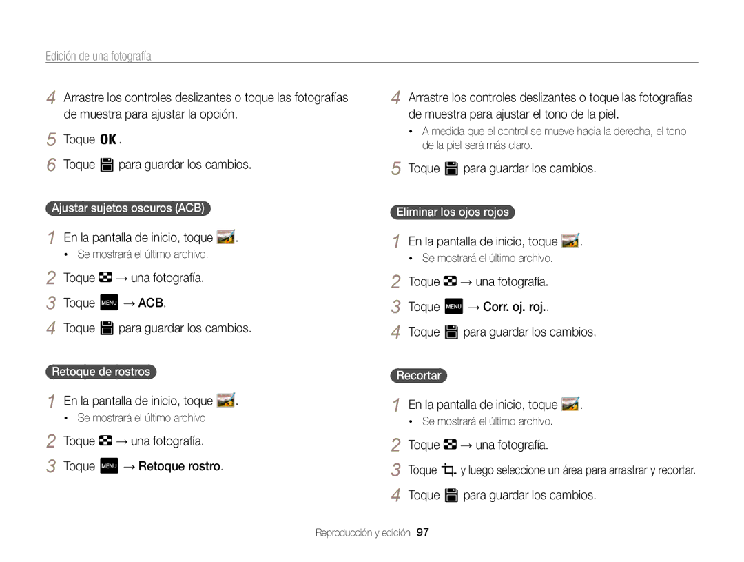 Samsung EC-MV800ZBPWE1 manual Toque → ACB, Toque → Corr. oj. roj, Eliminar los ojos rojos , Para guardar los cambios 