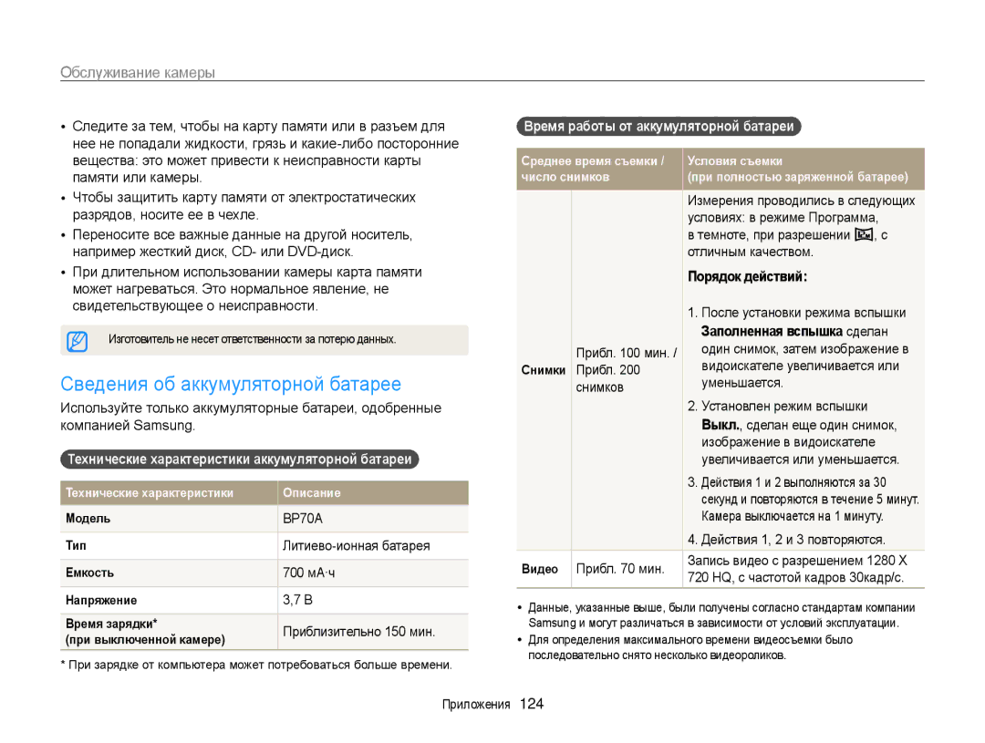 Samsung EC-MV800ZBPRRU manual Сведения об аккумуляторной батарее, Технические характеристики аккумуляторной батареи  