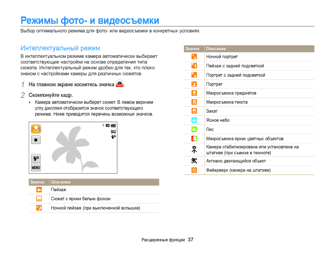 Samsung EC-MV800ZBPRRU, EC-MV800ZBPWRU manual Режимы фото- и видеосъемки, Интеллектуальный режим, Расширенные функции 