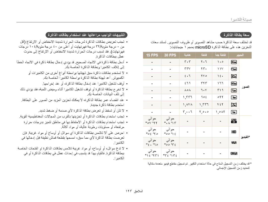 Samsung EC-MV800ZBPWRU, EC-MV800ZDPBME, EC-MV800ZDPRME, EC-MV800ZDPPME manual FPS 30 FPS ةيداع, مجحلا, روصلا, ويديفلا 