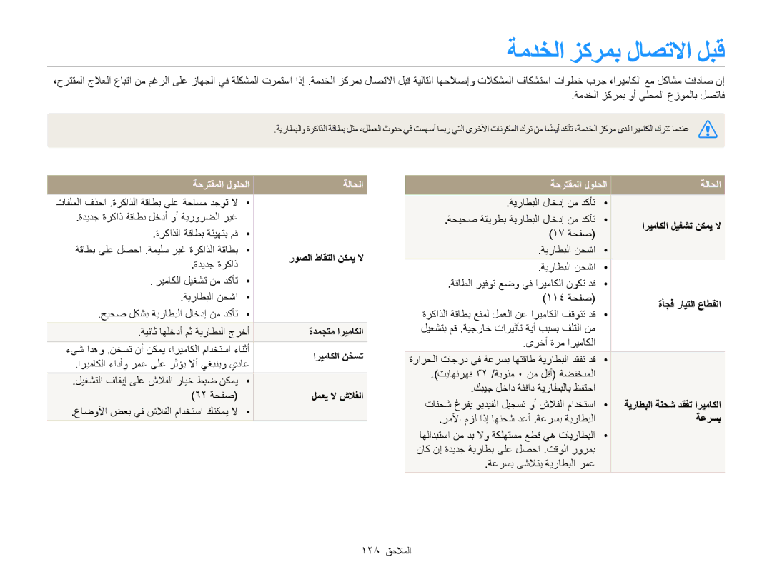 Samsung EC-MV800ZDPBZA, EC-MV800ZDPBME, EC-MV800ZDPRME, EC-MV800ZDPPME manual ةمدخلا زكرمب لاصتلاا لبق, ةحرتقملا لولحلا ةلاحلا 