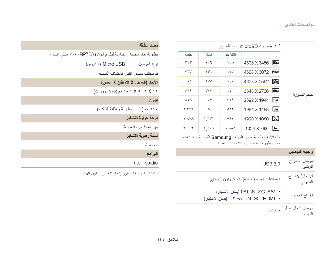 Samsung EC-MV800ZDPPME ةقاطلاردصم, قمعلا X عافترلاا X ضرعلا داعبلأا, نزولا, ليغشتلا ةرارح ةجرد, ليغشتلا ةبوطر ةبسن جماربلا 