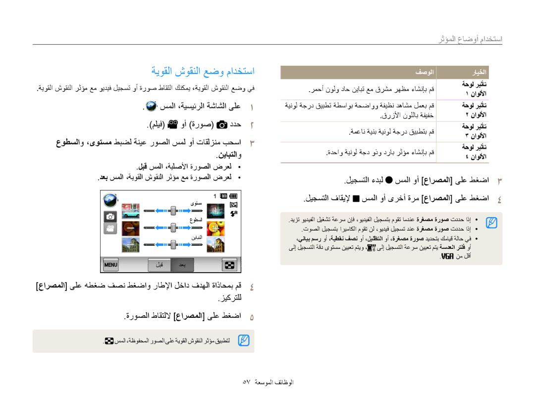 Samsung EC-MV800ZDPRME, EC-MV800ZDPBME, EC-MV800ZDPPME manual ةيوقلا شوقنلا عضو مادختسا, نيابتلاو, 57 الوظائف الموسعة 