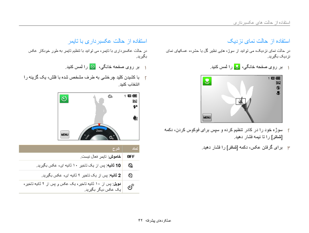 Samsung EC-MV800ZBPBAE manual رميات اب یرادربسکع تلاح زا هدافتسا, کيدزن یامن تلاح زا هدافتسا, 42 عملکردهای پیشرفته 