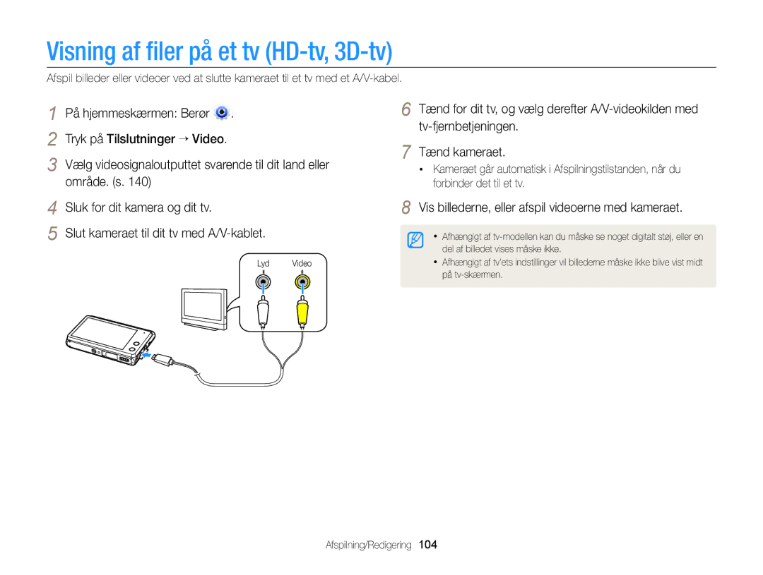 Samsung EC-MV900FBPWE2 manual Visning af ﬁler på et tv HD-tv, 3D-tv, Område. s, Slut kameraet til dit tv med A/V-kablet 