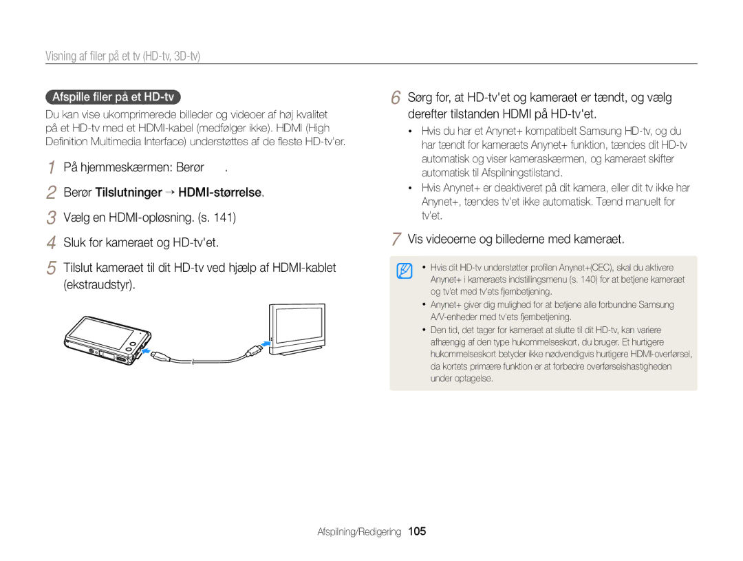 Samsung EC-MV900FBPBE2, EC-MV900FBPWE2 manual Visning af ﬁler på et tv HD-tv, 3D-tv 