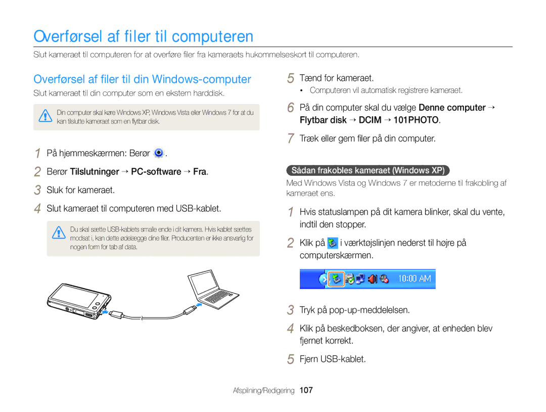 Samsung EC-MV900FBPBE2, EC-MV900FBPWE2 manual Overførsel af ﬁler til computeren, Overførsel af ﬁler til din Windows-computer 